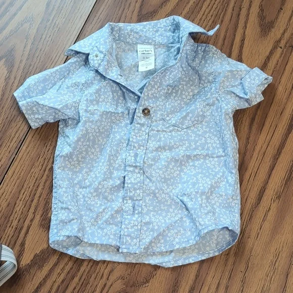Carter's Light Blue Floral Button Up Shorts with Suspenders Outfit Size 0-3 Mth - Picture 4 of 5